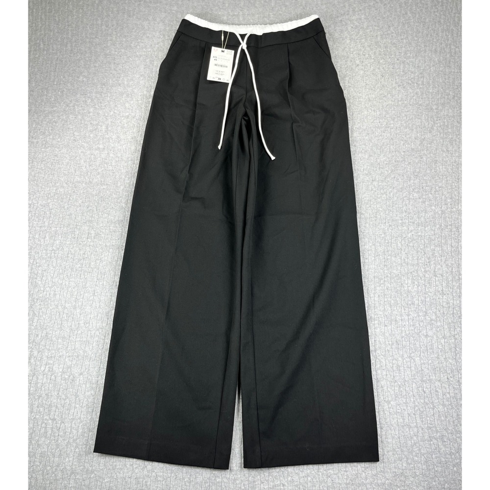 New Zara Baggy Wide Leg Dress Pants Women XS Black Contrast Waistband Drawstring